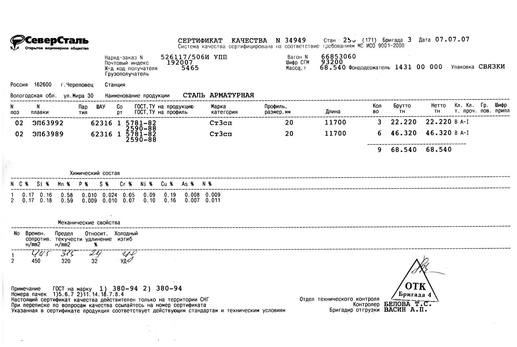 Сертификат на арматуру 20 класса А1 ст3сп от 2007-07